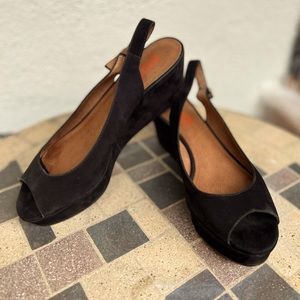 Kors Michael Kors Black Suede Leather Open Toe Platform Wedge Sling Back Sandals